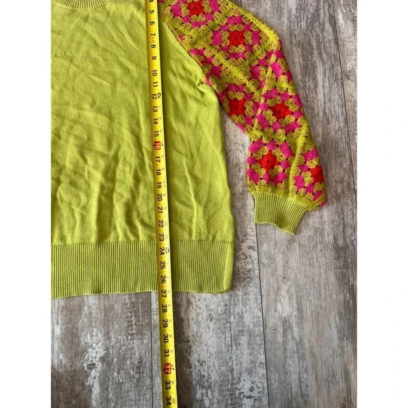 Kim Gravel Belle Boho Granny Square Crochet Sleeve Cotton Sweater Lime Green M - Picture 4 of 7